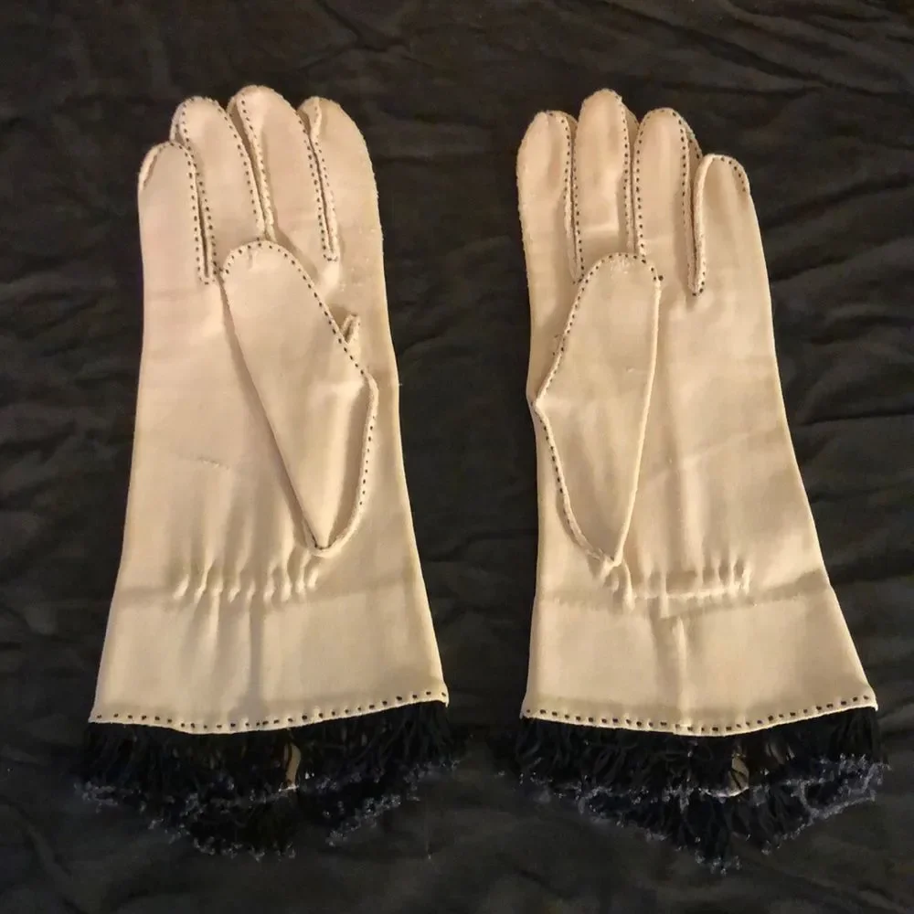 Vintage Ladies Cream Gloves Black Fringe Small